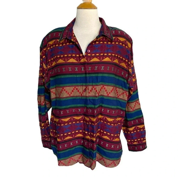 Maggie & Max L multicolor Aztec southwestern print button down‎ cotton shirt - Picture 1 of 6